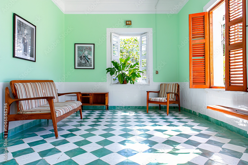 Wall mural a modest cuban home interior, worn mosaic tiles with vintage furniture