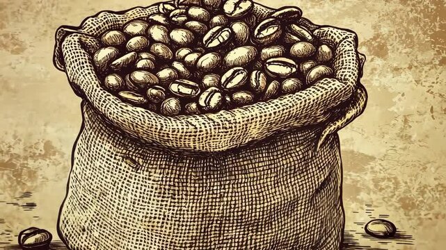 A burlap sack filled with coffee beans sits on a rustic background