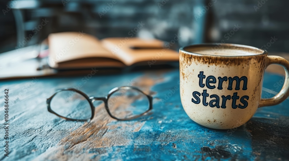Poster a coffee mug with the words term starts on it sits on a wooden desk with a pair of glasses and an op