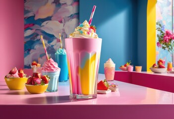 vibrant multi colored milkshake layers displayed artistic glassware celebrating bright delicious dessert aesthetics, rainbow, lgbtq, lgbt, pride, colorful