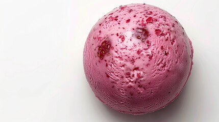 A single scoop of pink berry ice cream with visible fruit pieces, isolated on a white background.