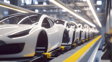 Obraz premium 3d render of a car in a car factory, car production line. Automotive industry.