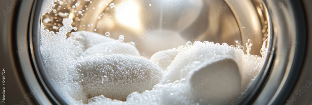 Poster the washing machine drum is packed with white towels, surrounded by bubbles, illustrating the washin