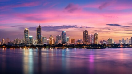 Fototapeta premium The Bangkok city skyline at twilight with a mix of illuminated skyscrapers and low-rise buildings,
