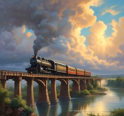 Illustration of classic train with amazing landscape.