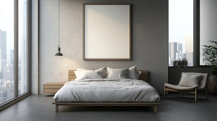 Contemporary bedroom with an empty picture frame.