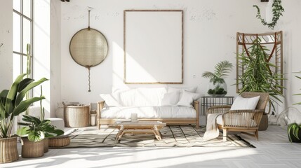 A chic and eclectic lounge design featuring a white canvas backdrop, Eclectically arranged minimalist furniture, Bohemian minimalist style