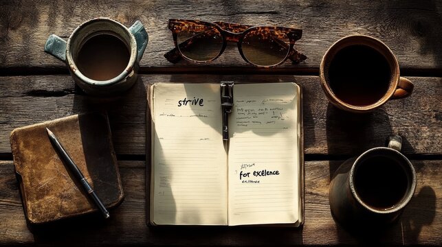 Open notebook with the words Strive for Excellence written inside, with a pen, sunglasses, and three mugs of coffee on a wooden table