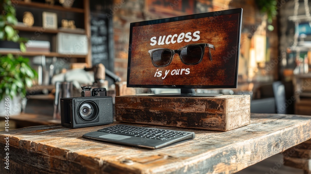 Aufkleber modern workspace with a motivational message on the computer screen, success is yours