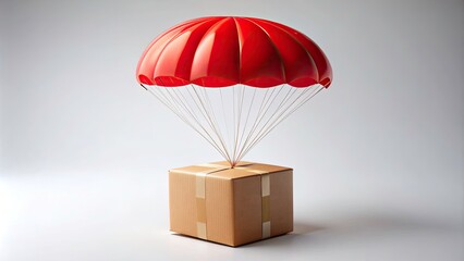 Cardboard Package with Red Parachute on White Background for Delivery Concept, Air Drop, Shipping Supplies, Logistics, E-commerce, Package Handling, and Marketing Visuals