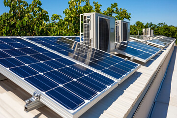 Obraz premium a sustainable house with rooftop solar panels and modern heat pump system