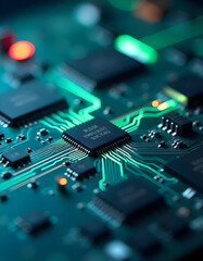 Close-up view of a futuristic mother plate surrounded by a network of wires and circuits, with a softly blurred background portraying a vibrant cybernetic world.