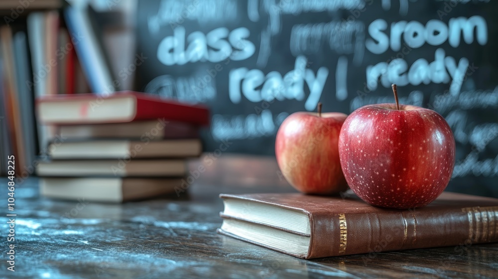 Poster two red apples on a closed book in front of a blackboard with the words 