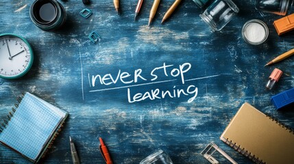 A blue wooden background with various stationery supplies surrounding the message 'Never Stop Learning' written in white.