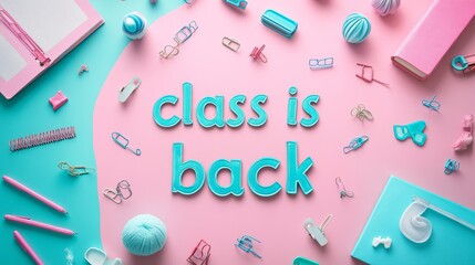 Class Is Back spelled out in blue letters with various colorful school supplies surrounding the words on a pink and blue background
