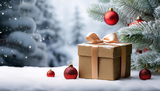 Gift box and baubles adorn a snowy fir tree set against a wintry Christmas backdrop. _1(431)