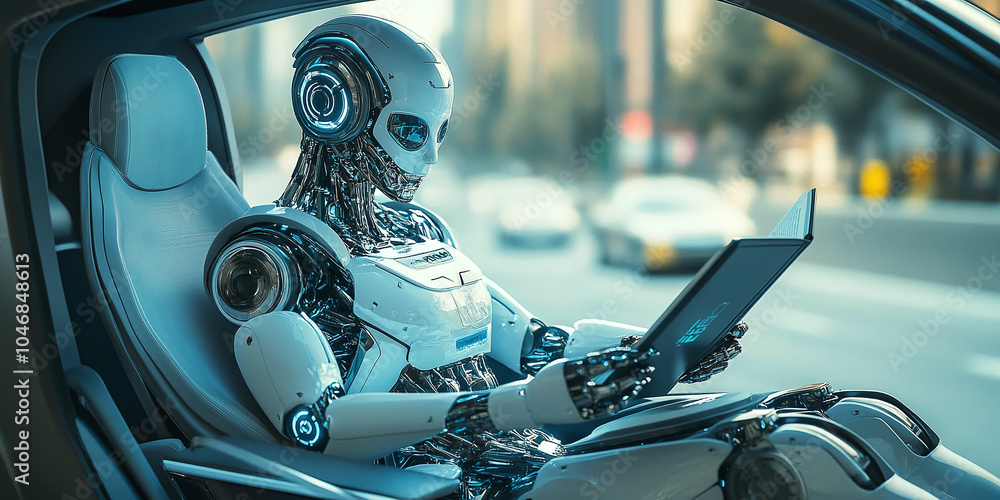 Poster a futuristic robot reading a book inside a sleek self-driving vehicle, symbolizing the advanced inte