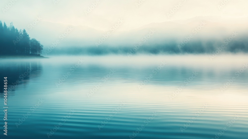 Poster early morning mist blankets the lake, creating a peaceful atmosphere as the water ripples gently and