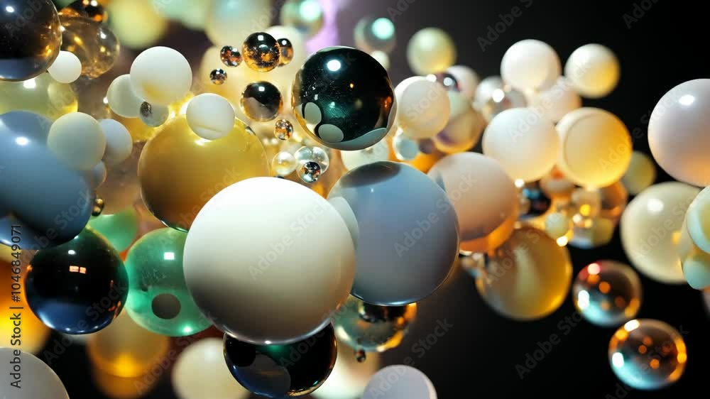 Poster a close-up view of a colorful collection of spheres floating against a dark background