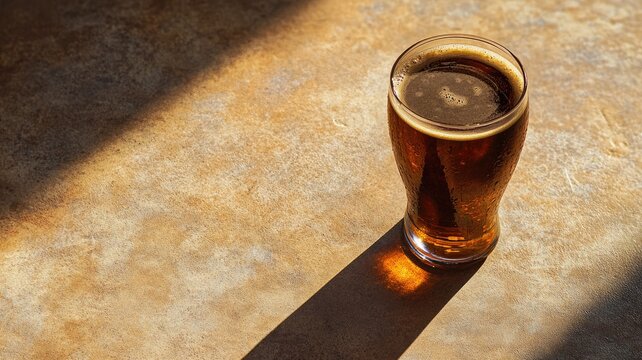 Glass of dark, foamy beverage on textured surface