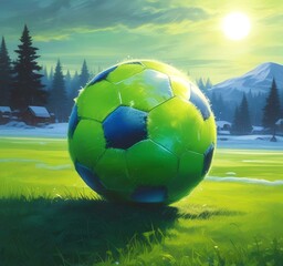 Illustration of soccer ball on green field.