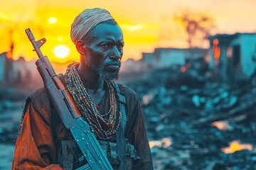 Fototapeta premium The warrior man with a rifle standing in traditional Palestinian attire and a headscarf