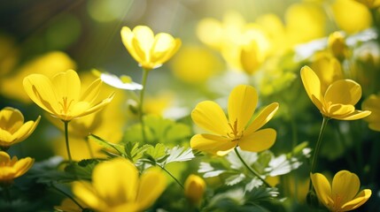 Obraz premium A close-up view of bright yellow spring flowers against a soft-focus,