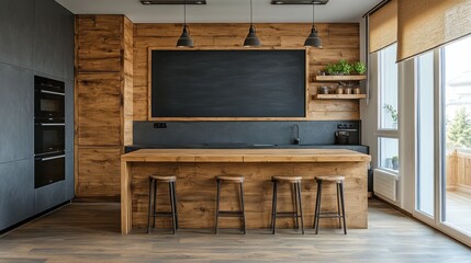 Contemporary kitchen with an empty chalkboard on the wall