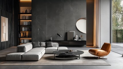 Contemporary living room with an empty bookend.