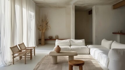 A chic and minimalist lounge area adorned with a white canvas backdrop, Artfully arranged minimalist furnishings, Urban minimalism style