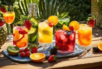 Fototapeta premium vibrant summer beverages featuring brightly colored fresh fruit arrangements refreshing seasonal experience, cocktail, smoothie, lemonade, punch, spritzer