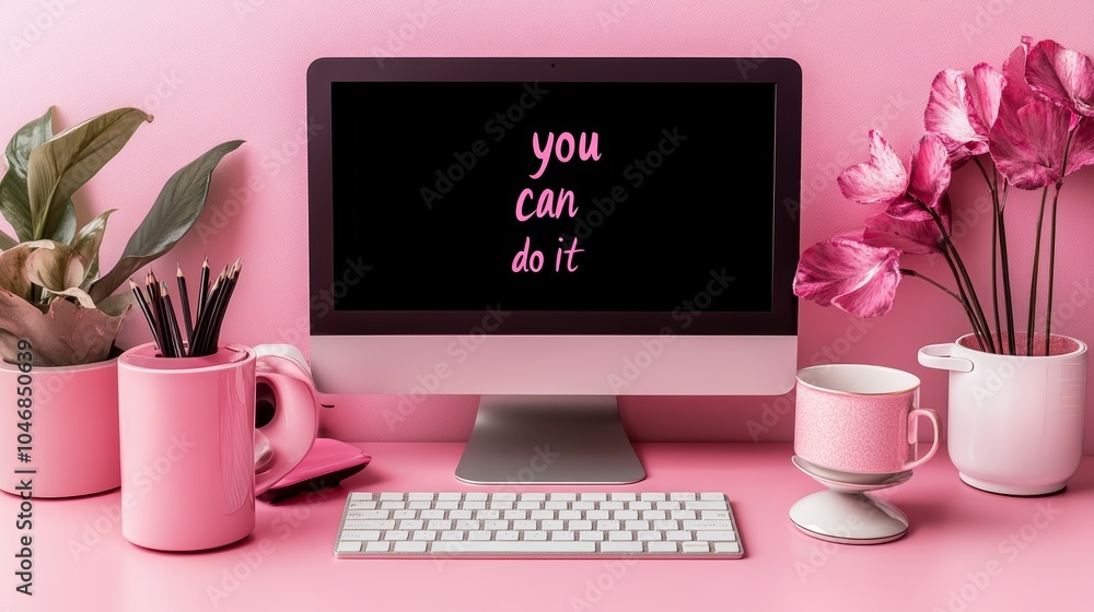 Poster pink desktop workspace with a computer displaying the motivational message you can do it