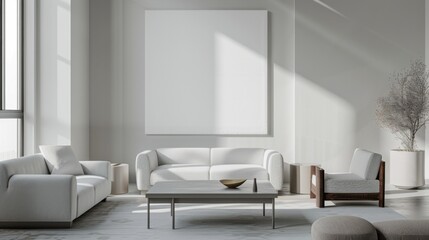 A chic and minimalist living room design featuring a white canvas backdrop, Carefully selected minimal furniture, Minimalist Mediterranean style