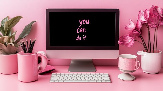 Pink desktop workspace with a computer displaying the motivational message you can do it