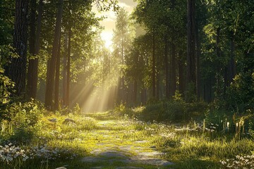 Fototapeta premium A beautiful forest with tall trees and sunlight shining through the leaves. There is an old stone path in front of it and grassy meadows on both sides. 