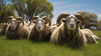 Obraz premium A farmer inspects a flock of thoroughbred sheep in a large hay pen at a Merino paddock.