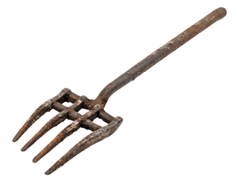 a rusty pitchfork on a white background