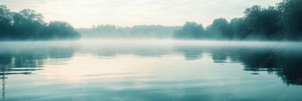 Poster the calm waters of the lake reflect the gentle morning mist, creating a peaceful atmosphere surround