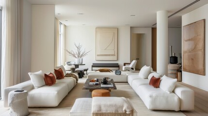 A chic and modern living room design accentuated by a white canvas backdrop, Artfully arranged minimalist furnishings, Contemporary luxe style