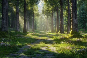 A beautiful forest with tall trees and sunlight shining through the leaves. There is an old stone path in front of it and grassy meadows on both sides. 