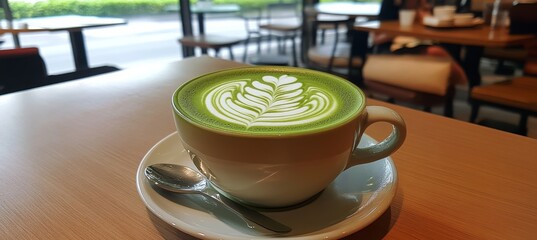 A Cup of Green Tea Latte Art on Wooden Table With Blurred Background in Cafe, Minimal Style