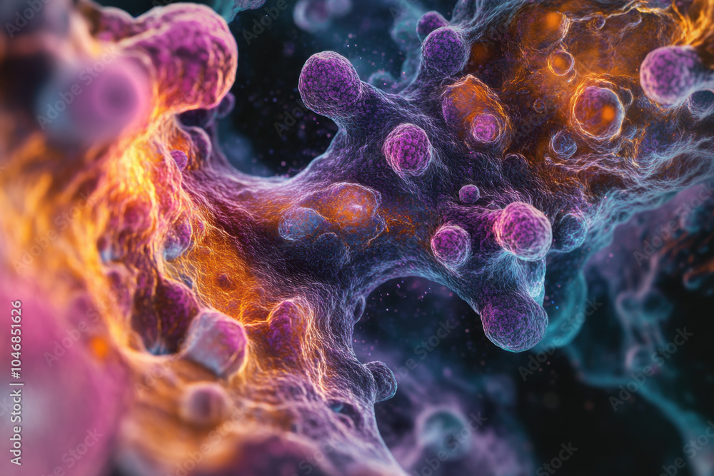 Poster a vibrant, abstract representation of cellular structures, showcasing intricate details and a colorf