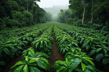 Dense rows of coffee plants growing in a lush green coffee plantation, surrounded by tall trees and dense forest with a misty background.
