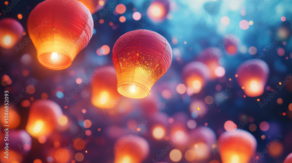 Poster a serene scene of glowing red lanterns floating in a twilight sky, casting a magical ambiance with s