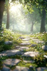 A beautiful forest with tall trees and sunlight shining through the leaves. There is an old stone path in front of it and grassy meadows on both sides. 