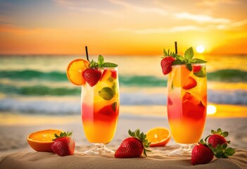 Obraz premium colorful glass refreshing cocktails garnished fresh fruits herbs displaying bright natural ingredients, vibrant, drink, beverage, citrus, lime, mint