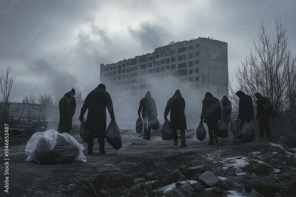 Wall mural Group of people walking in fog with plastic bags in an abandoned urban area
