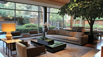 Fototapeta premium Modern Lounge with Natural Light and Cozy Seating
