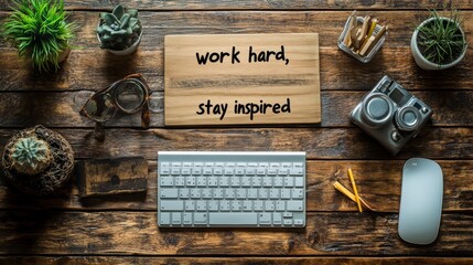 A wooden desk with a keyboard, mouse, camera, plants, glasses, and a motivational sign that says Work hard, stay inspired