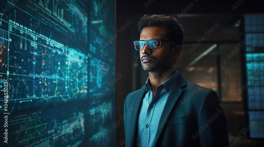 Poster an indian programmer in a business casual outfit stands before a monitor filled with intricate code.
